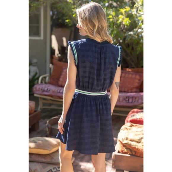 VOY TEXTURED STRIPED BAND DRESS Tennis Blue Green L - Picture 2 of 3